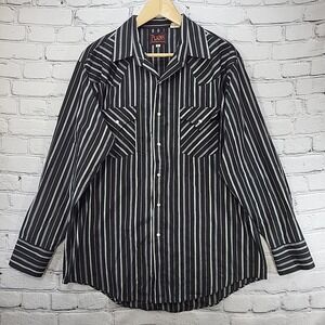 Plains Western Wear Shirt Mens Size L Pearl Snap Black Striped Cowboy Rodeo VTG